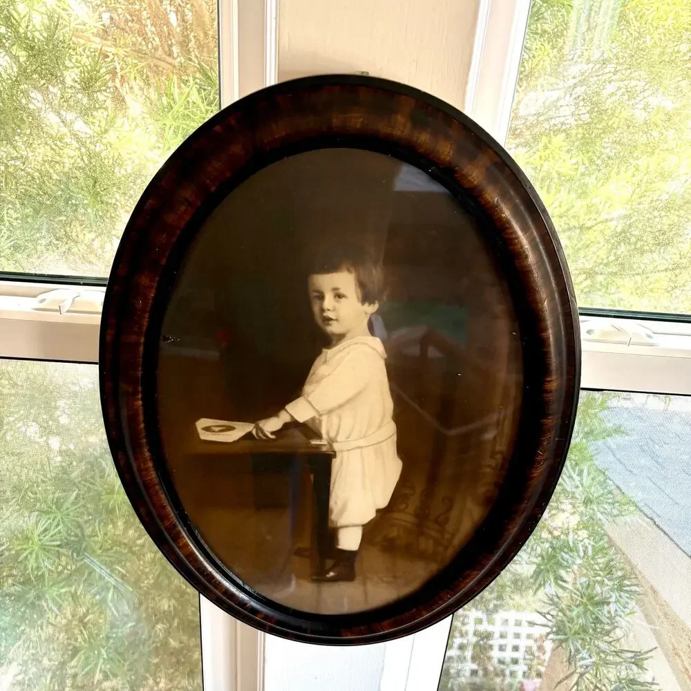 Antique Oval Child Portrait Tiger Oak Frame Sepia Photo 22.5